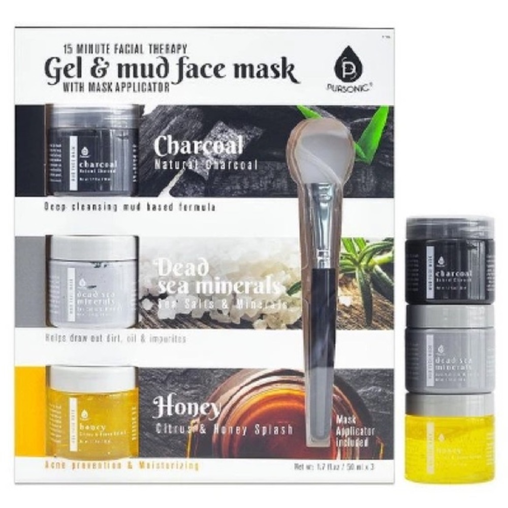 Pursonic Gel & Mud Face Mask Trio - Charcoal, Dead Sea Minerals & Honey